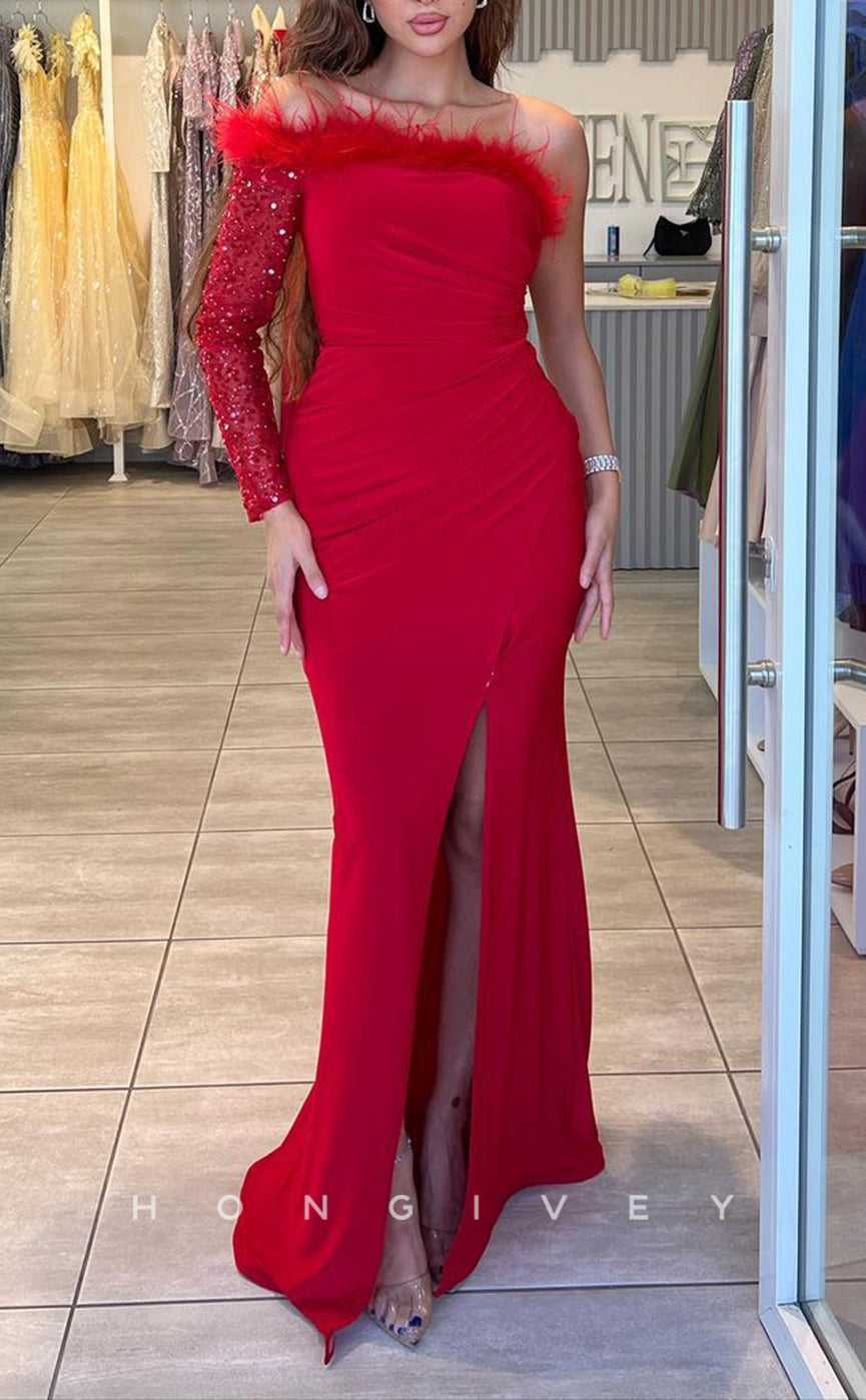 L2240 - Sexy Satin Fitted One Shoulder Empire Feathers Sequined Ruched With Side Slit Party Prom Evening Dress - Fashionpara