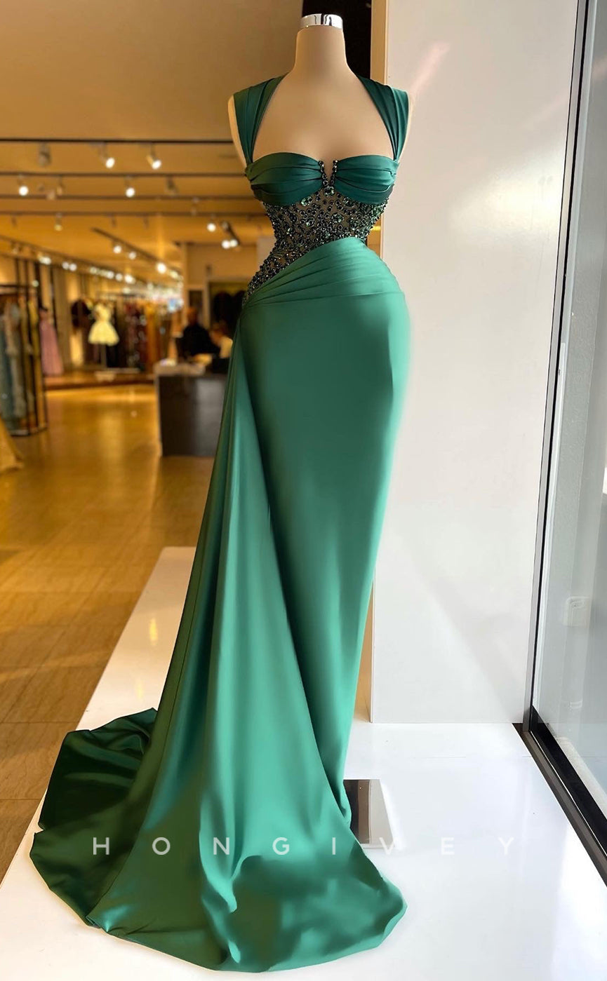 L2285 - Sexy Satin Fitted Sweetheart Straps Empire Beaded Ruched With Train Party Prom Evening Dress - Fashionpara