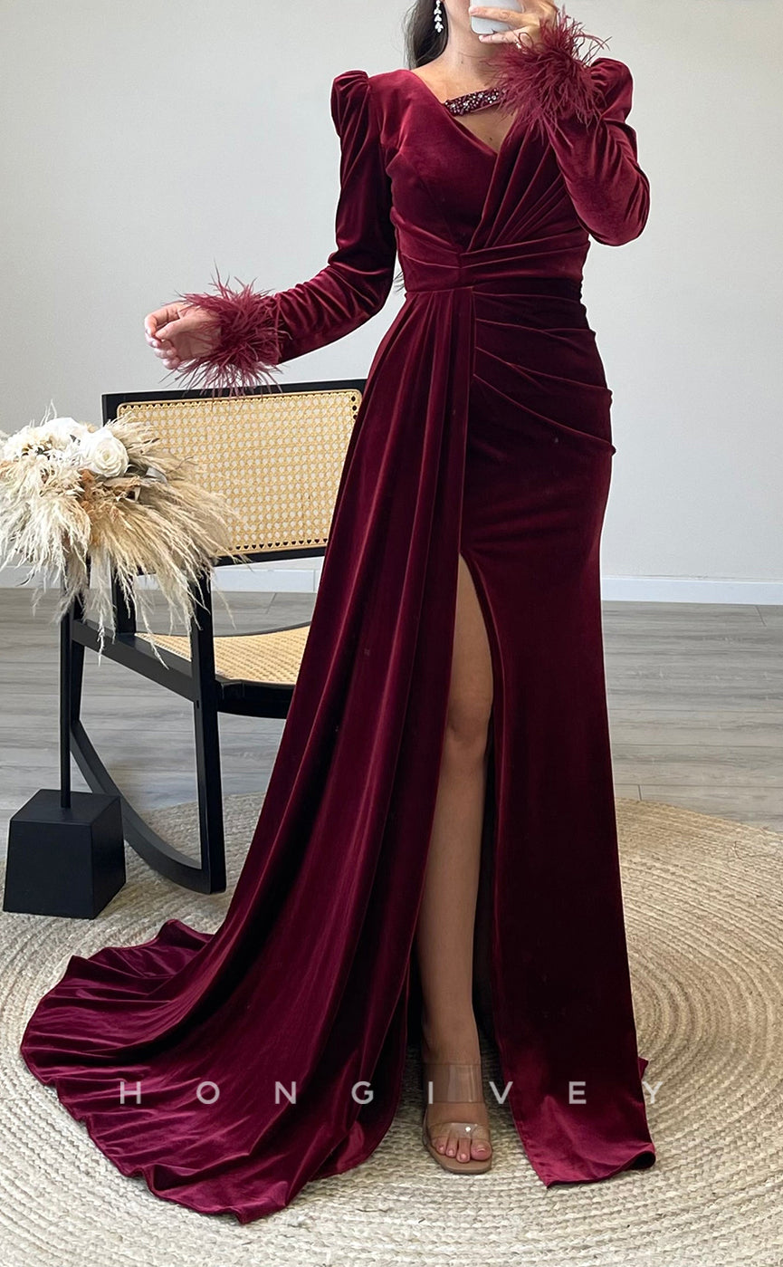 L2302 - Sexy Satin Fitted V-Neck Long Sleeve Empire Ruched Feathers Beaded With Side Slit Party Prom Evening Dress - Fashionpara