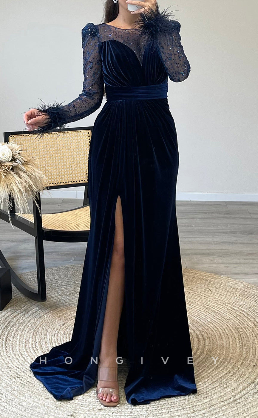 L2304 - Sexy Satin Fitted Scoop Empire Long Sleeve Feathers Ruched With Side Slit Party Prom Evening Dress - Fashionpara
