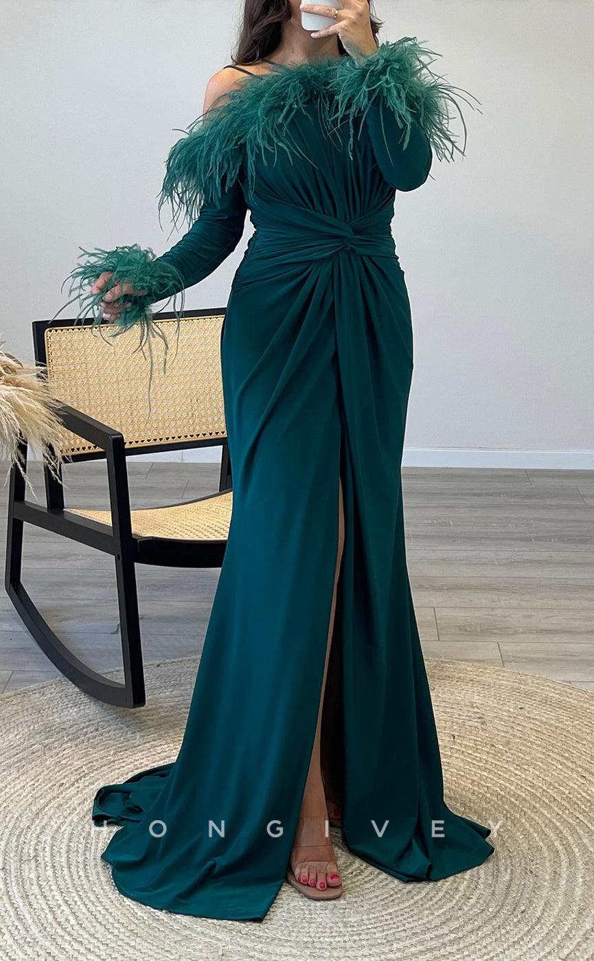 L2308 - Sexy Satin Trumper Off-Shoulder Long Sleeve Empire Ruched Feathers With Slit Party Prom Evening Dress - Fashionpara