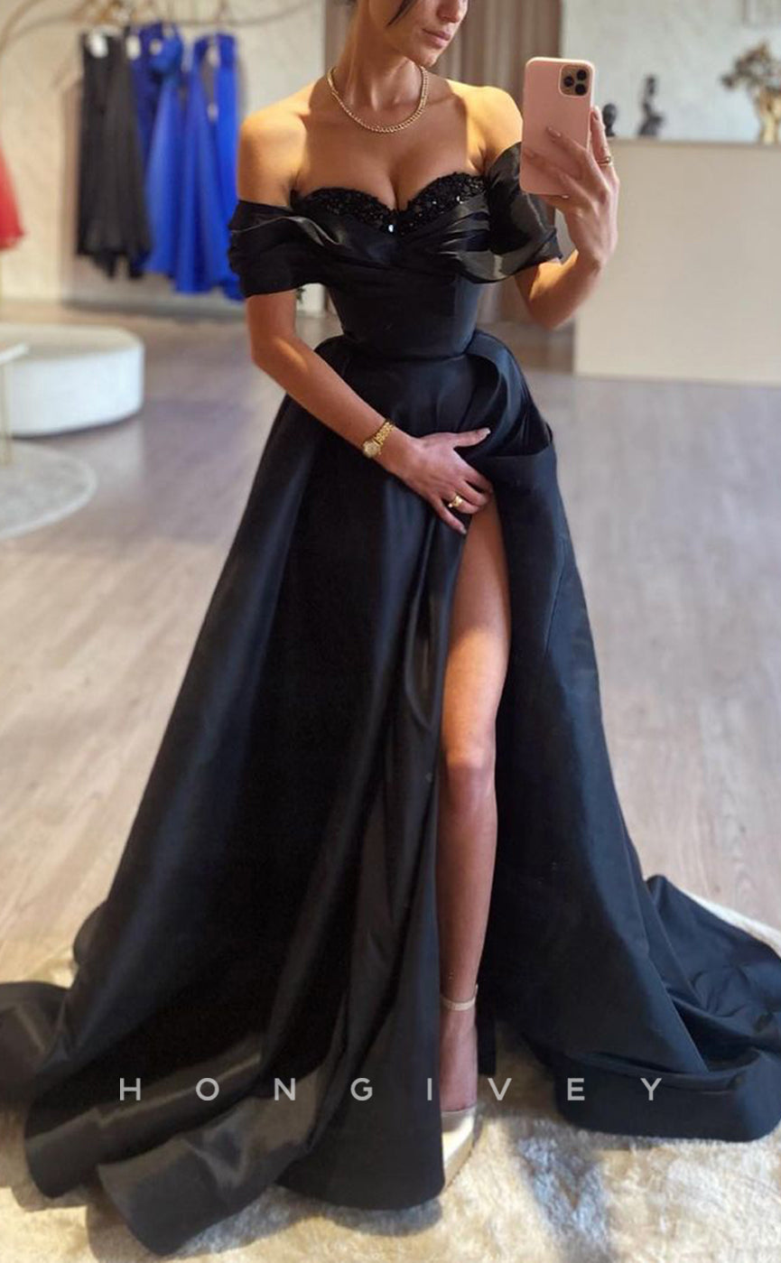 L2318 - Sexy Satin A-Line OFF-shoulder Beaded Empire Ruched With Side Slit Train Party Prom Evening Dress - Fashionpara