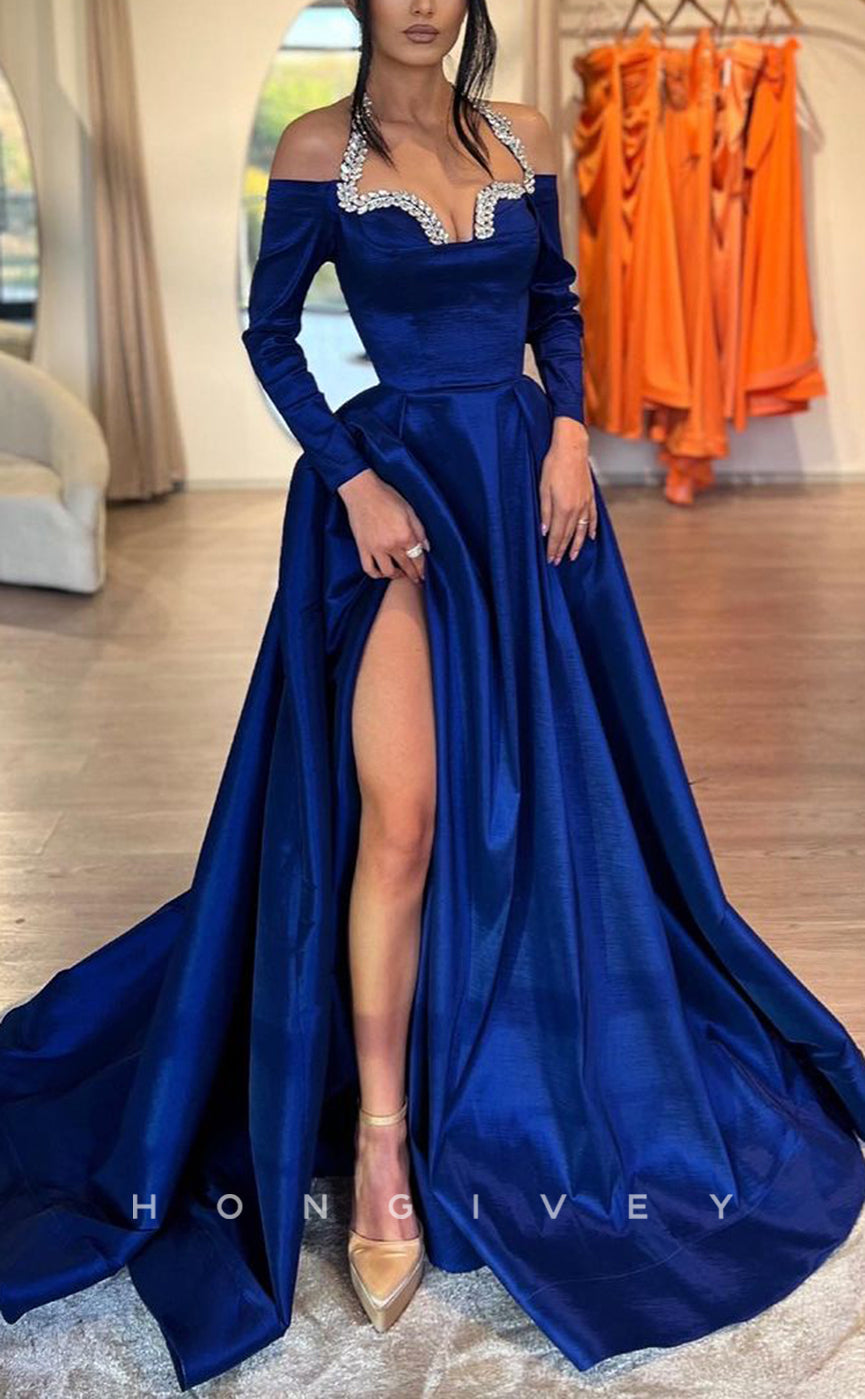 L2319 - Sexy Satin A-Line Halter Long Sleeve Empire Beaded With Side Slit Train Party Prom Evening Dress - Fashionpara