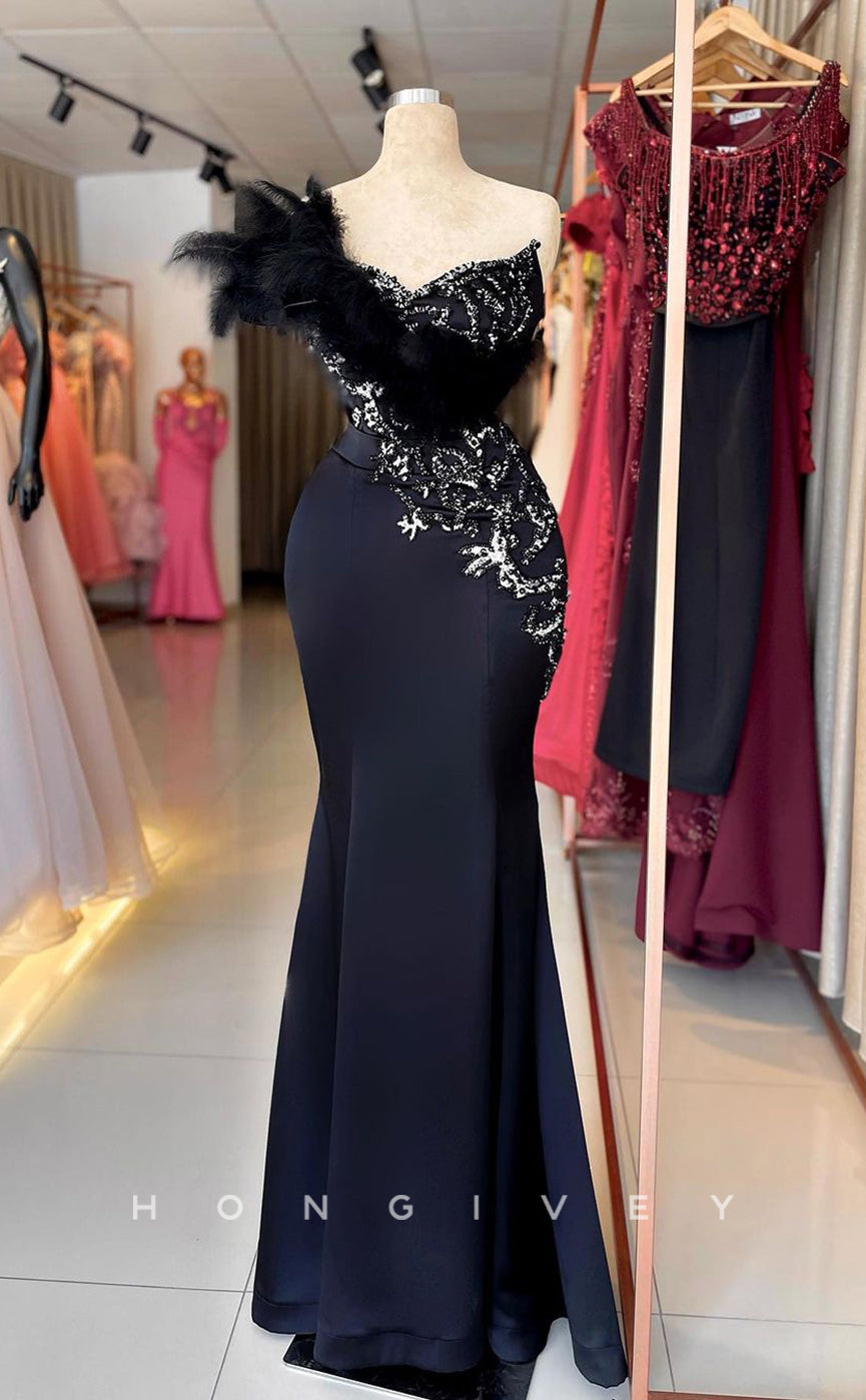 L2334 - Sexy Satin Trumpet Sweetheart Strapless Empire Beaded Appliques Feathers Party Prom Evening Dress - Fashionpara