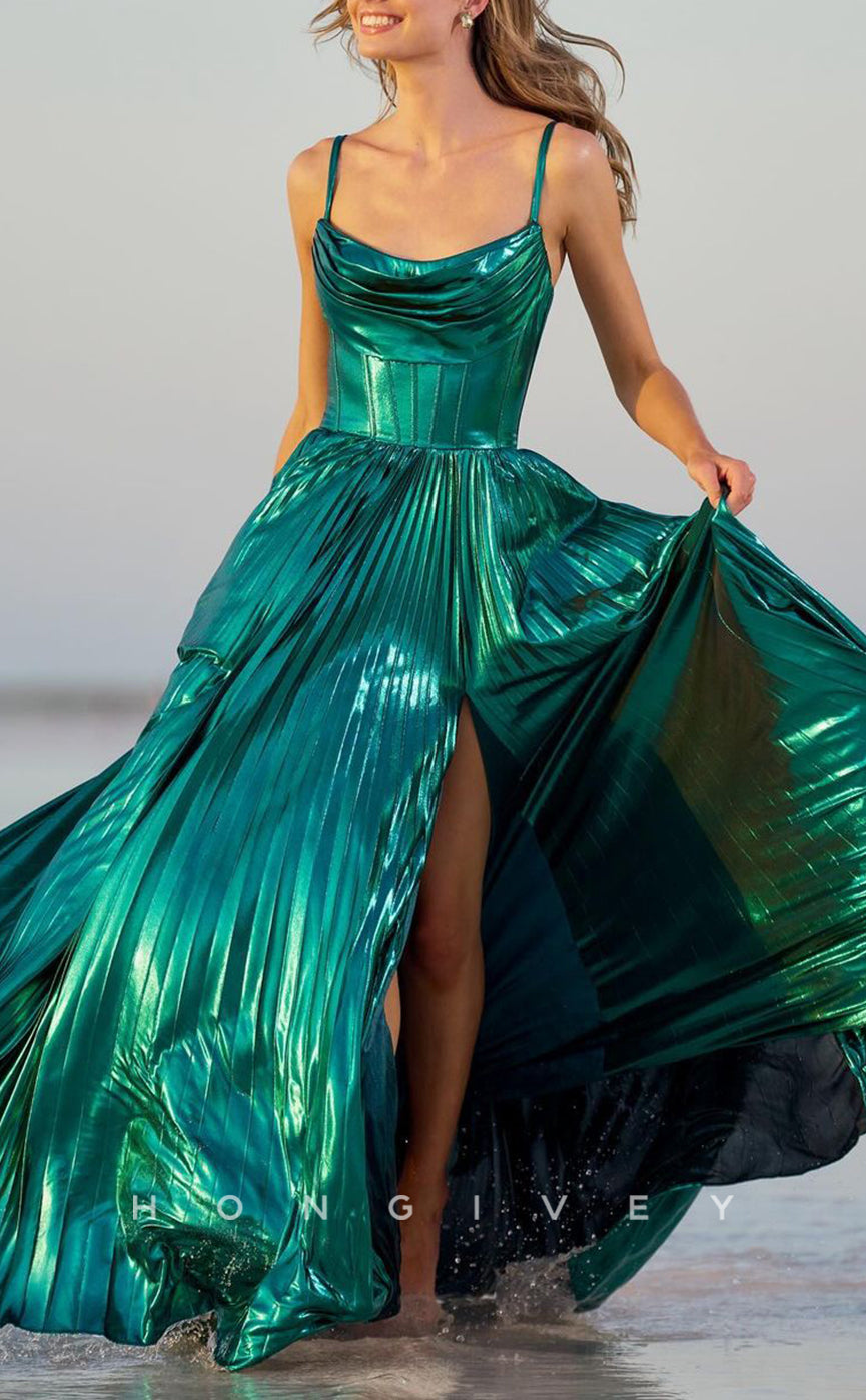 L2354 - Sexy Glitter Satin A-Line Bateau Spaghetti Straps Empire Ruched With Side Slit Party Prom Evening Dress - Fashionpara