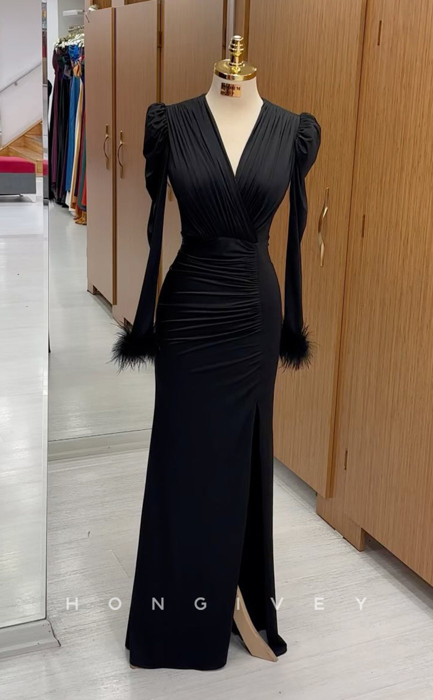 L2516 - Sexy Satin Fitted V-Neck Long Sleeve Empire Ruched Feathers With Side Slit Party Prom Evening Dress - Fashionpara