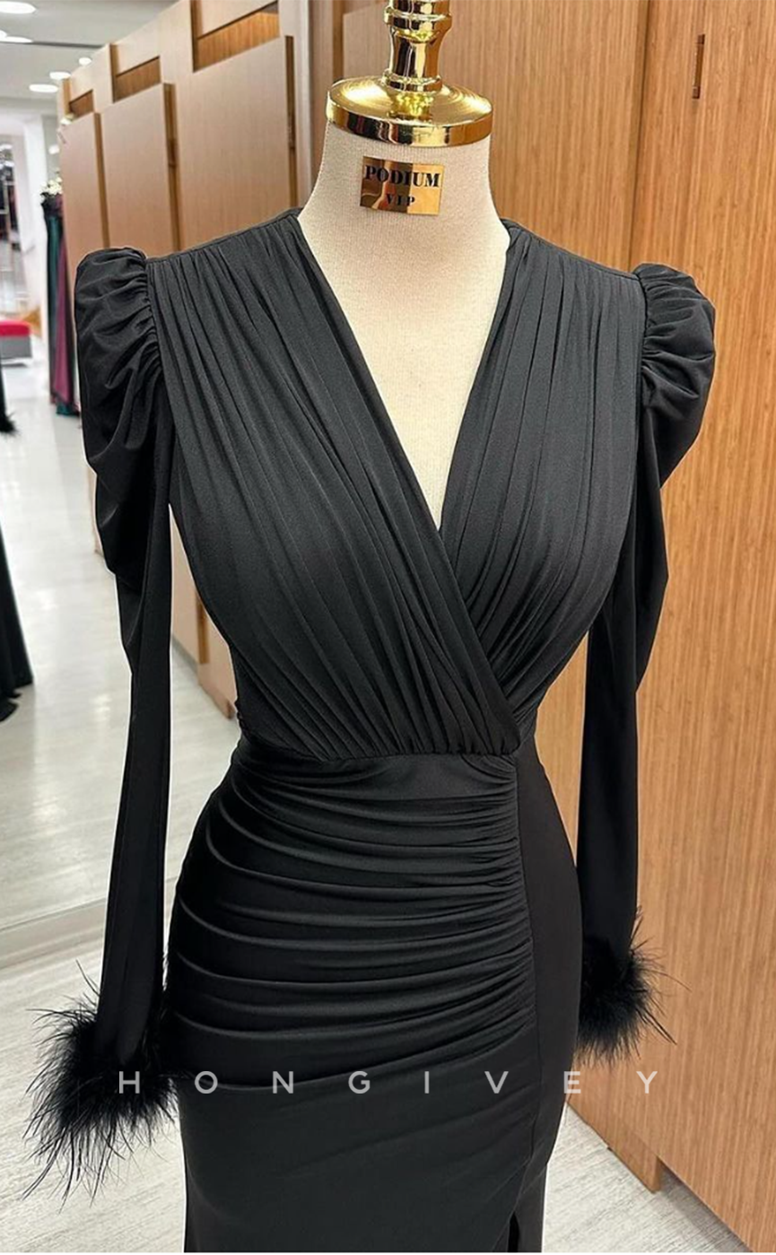 L2516 - Sexy Satin Fitted V-Neck Long Sleeve Empire Ruched Feathers With Side Slit Party Prom Evening Dress - Fashionpara