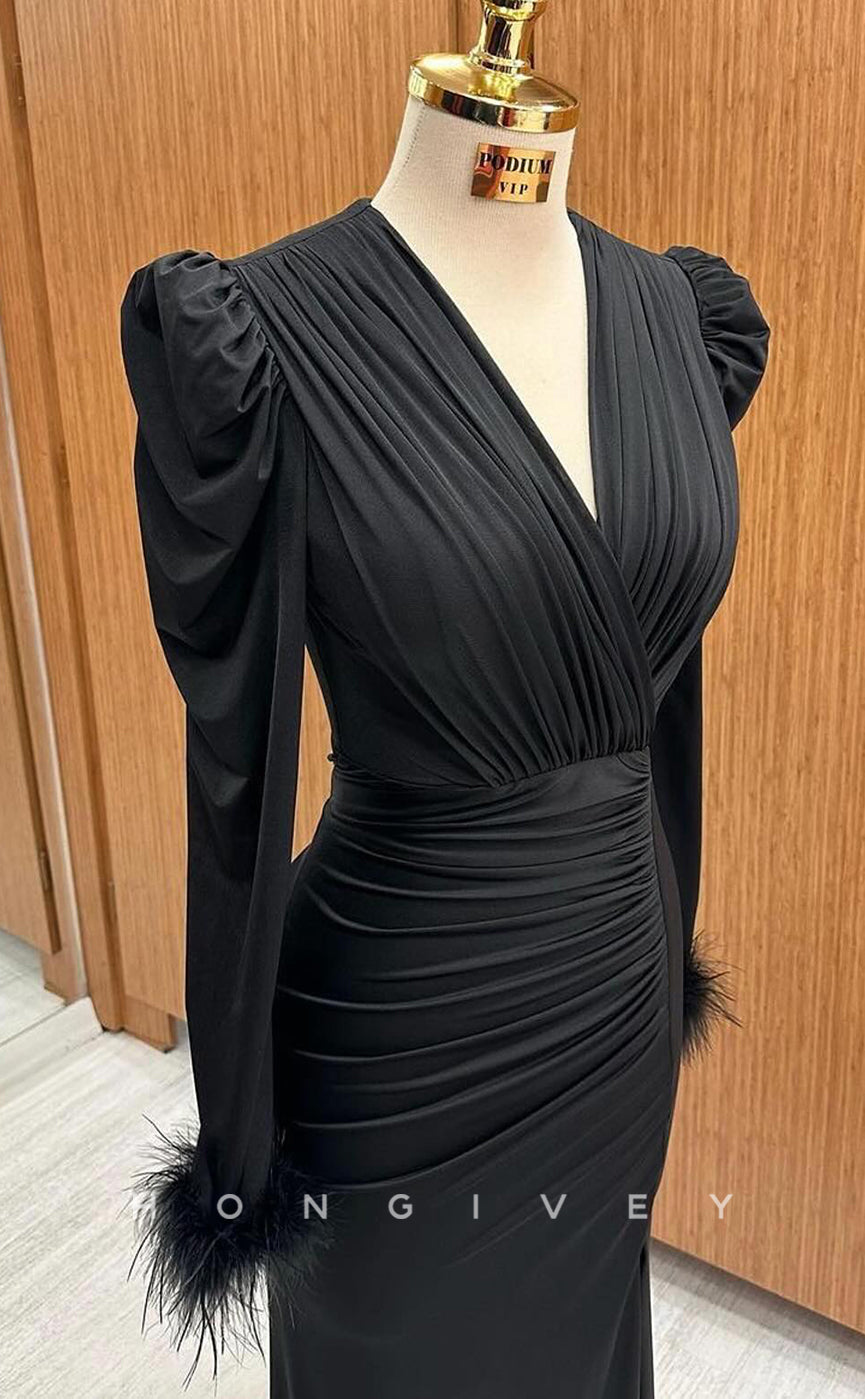 L2516 - Sexy Satin Fitted V-Neck Long Sleeve Empire Ruched Feathers With Side Slit Party Prom Evening Dress - Fashionpara
