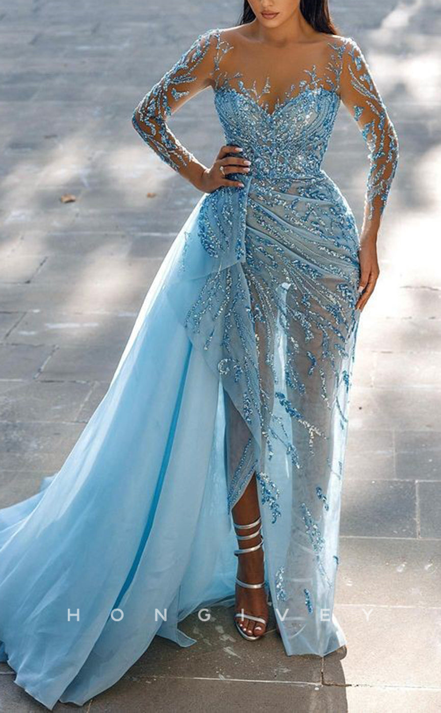 L2636 - Glamorous Glitter Scoop Long Sleeve Empire Sequined Appliques Sheer Party Prom Evening Dress - Fashionpara