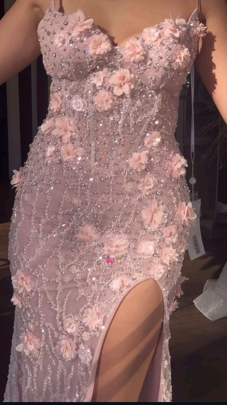 Gorgeous Spaghetti Straps Pink Sequin Beaded Slit mermaid Evening Dress Long Birthday Party Dress With 3D Flowers D1211