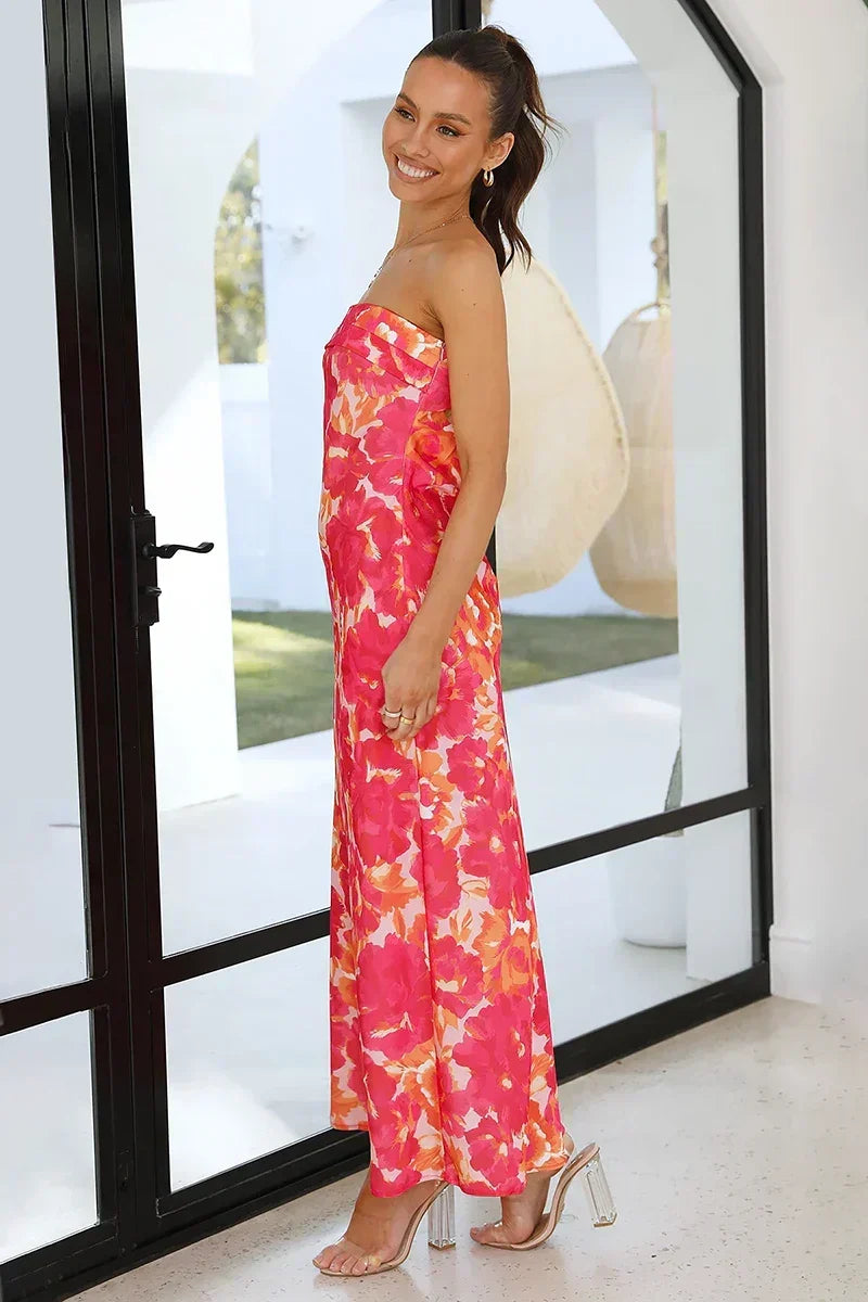 Strapless Foldover Bust Large Floral Print Column Midi Dress - View 6