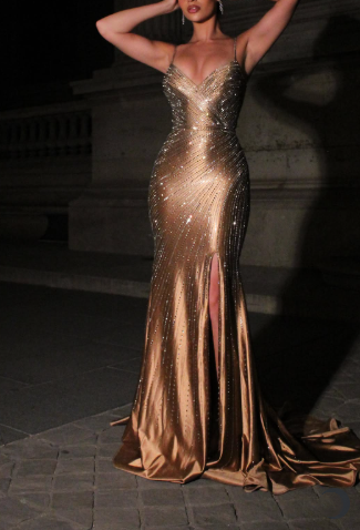 Elegant Spaghetti Straps Brown Satin Beaded Slit Mermaid Evening Dress Long Birthday Party Dress D1330