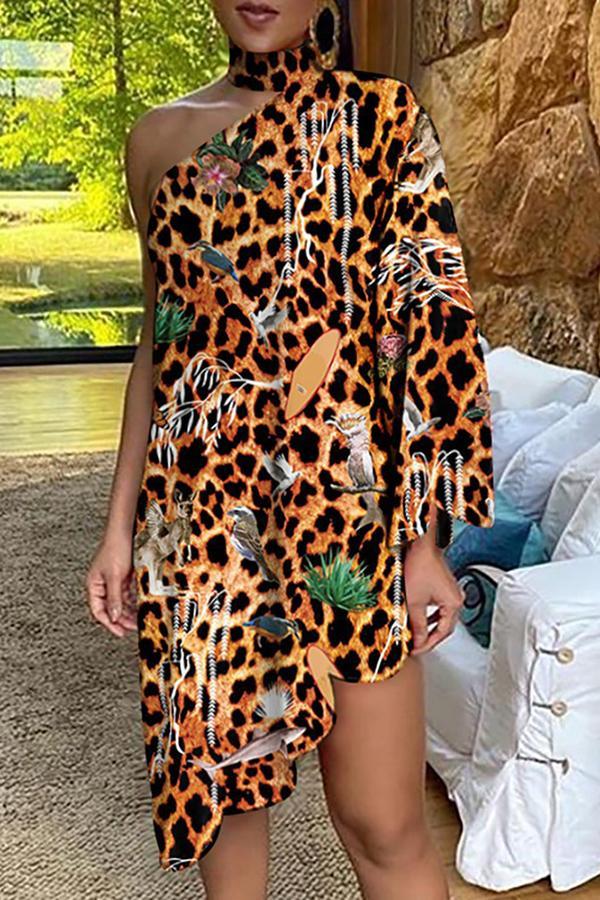 Asymmetrical Ruffled Sexy Elegant Print One-sleeve Dress  Fashionpara