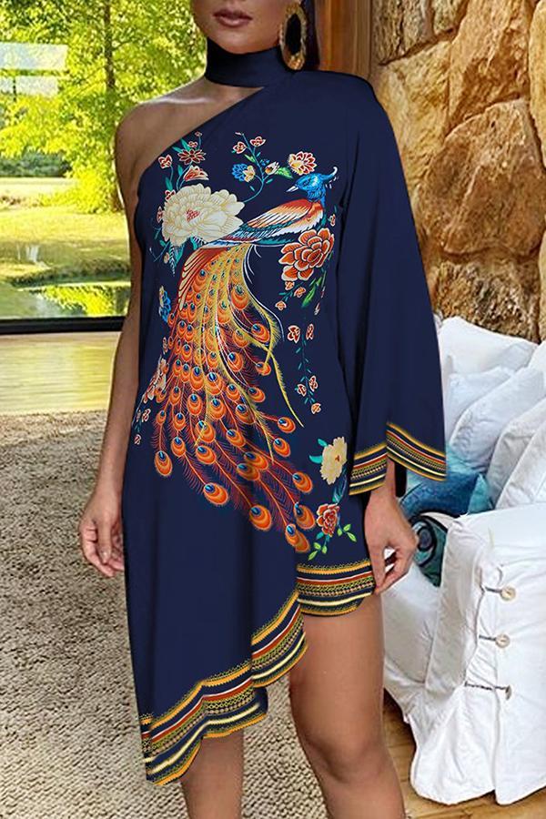 Asymmetrical Ruffled Sexy Elegant Print One-sleeve Dress  Fashionpara