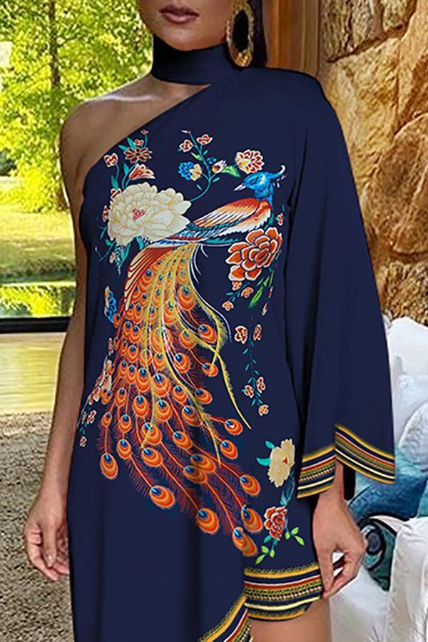 Asymmetrical Ruffled Sexy Elegant Print One-sleeve Dress  Fashionpara