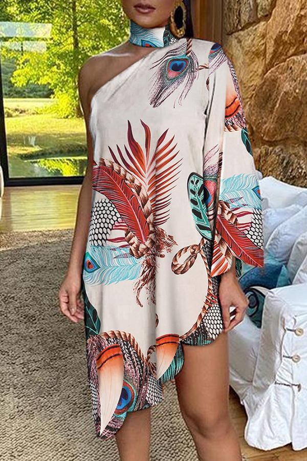 Asymmetrical Ruffled Sexy Elegant Print One-sleeve Dress  Fashionpara