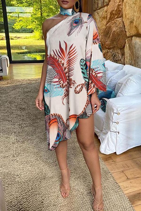 Asymmetrical Ruffled Sexy Elegant Print One-sleeve Dress  Fashionpara