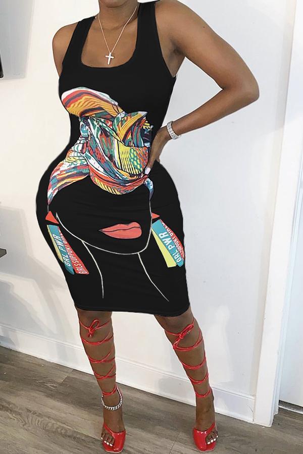 Fashion Cartoon Portrait Print Sexy Elegant Dress  Fashionpara