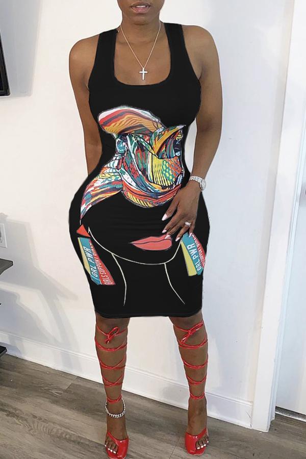 Fashion Cartoon Portrait Print Sexy Elegant Dress  Fashionpara