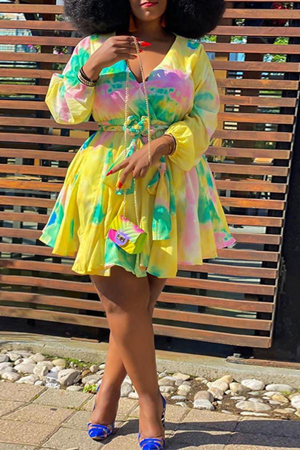 Plus Size Fashion Contrast Print V-neck Pleated Dress  Fashionpara