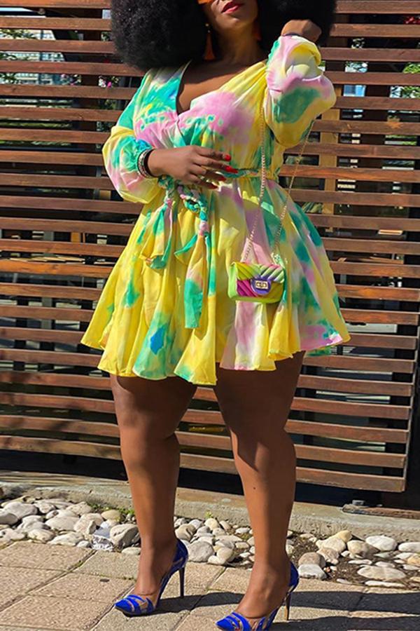 Plus Size Fashion Contrast Print V-neck Pleated Dress  Fashionpara