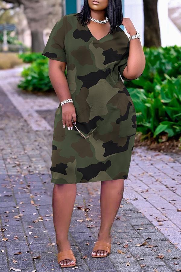 Loose Camouflage Print V-neck Casual Pocket Dress  Fashionpara