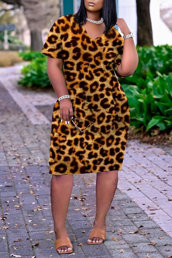 Loose Camouflage Print V-neck Casual Pocket Dress  Fashionpara