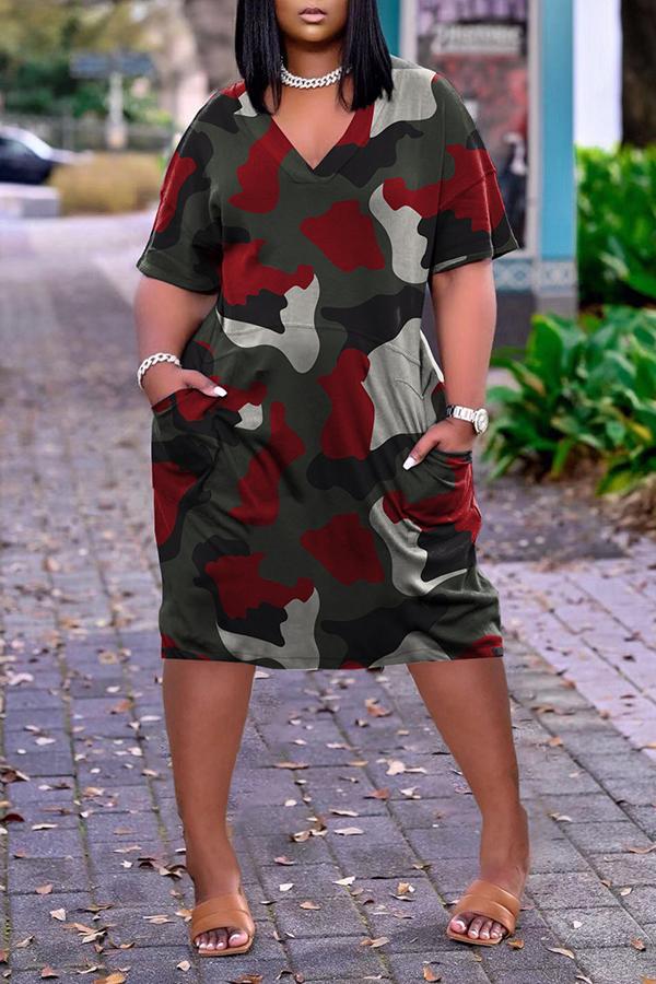 Loose Camouflage Print V-neck Casual Pocket Dress  Fashionpara