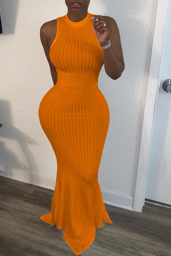 Elegant Fashion Solid Color Striped Fishtail Maxi Dress  Fashionpara