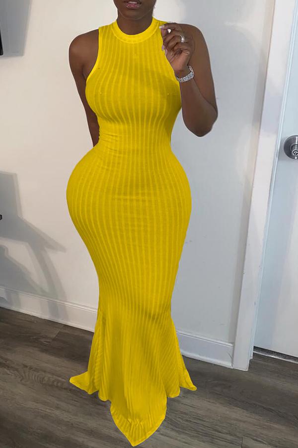 Elegant Fashion Solid Color Striped Fishtail Maxi Dress  Fashionpara