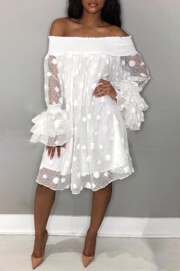 Casual Polka Dot Jacquard Layered Flared Sleeve Loose Midi Dress  Fashionpara