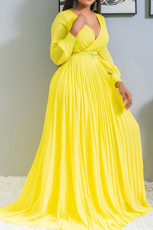 Cross V-neck Solid Color Pleated Maxi Dress (Plus Size)  Fashionpara