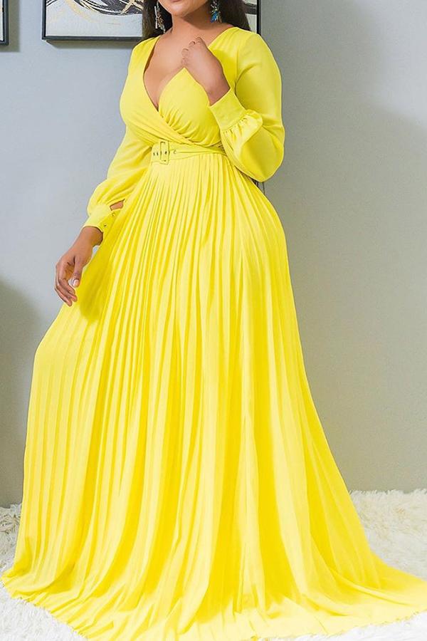 Cross V-neck Solid Color Pleated Maxi Dress (Plus Size)  Fashionpara