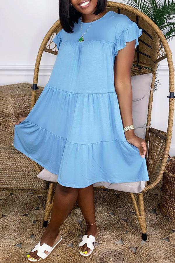 Fashion Casual Solid Color Ruffled Pleated Midi Dress