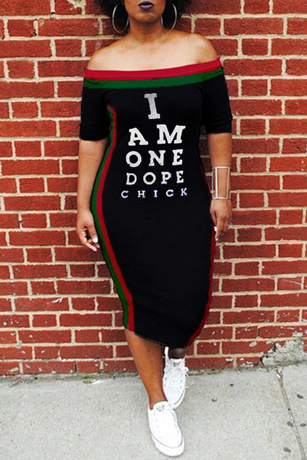 Off-the-shoulder Striped Letter Print Short-sleeved Midi Dress  Fashionpara