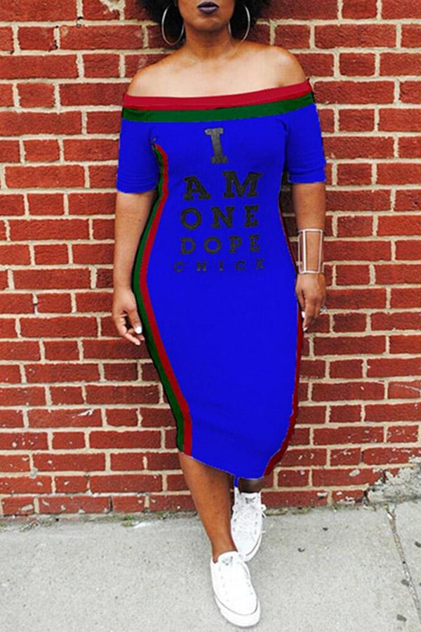 Off-the-shoulder Striped Letter Print Short-sleeved Midi Dress  Fashionpara