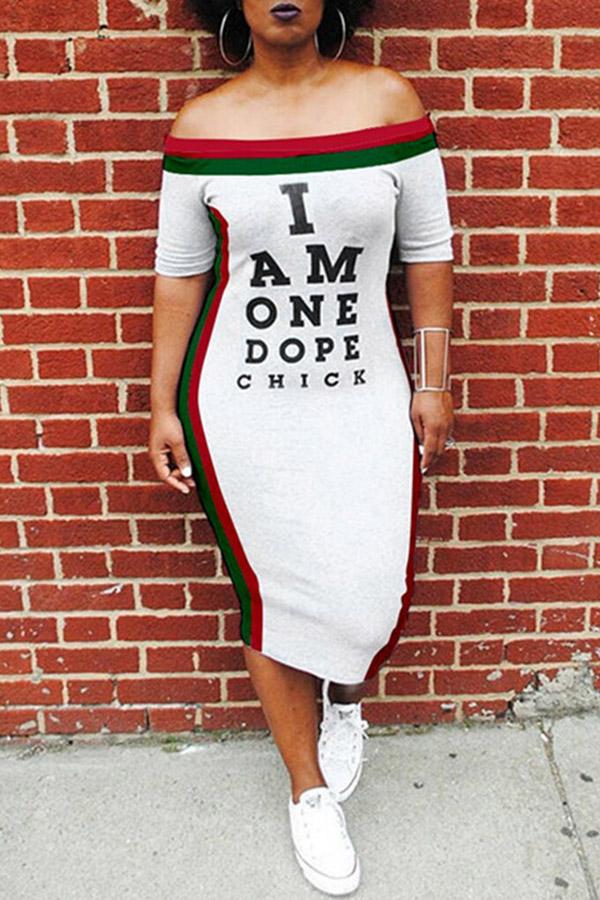 Off-the-shoulder Striped Letter Print Short-sleeved Midi Dress  Fashionpara