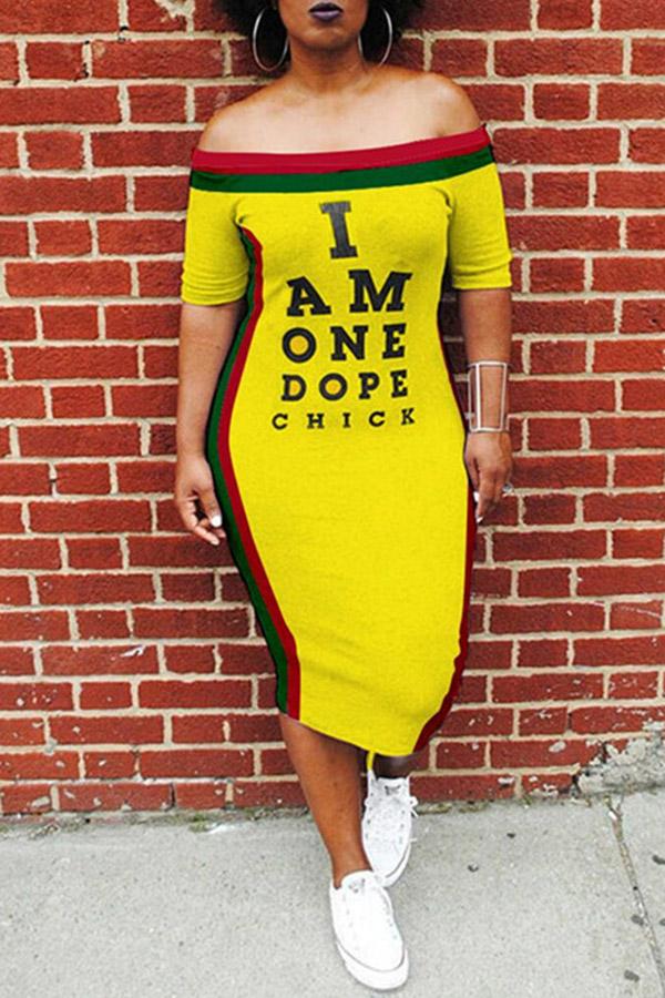 Off-the-shoulder Striped Letter Print Short-sleeved Midi Dress  Fashionpara