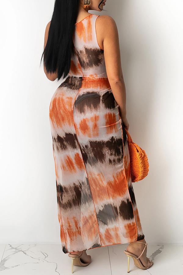 Fashion Tie-dye Mesh Irregular Hollow Knotted Maxi Dress  Fashionpara