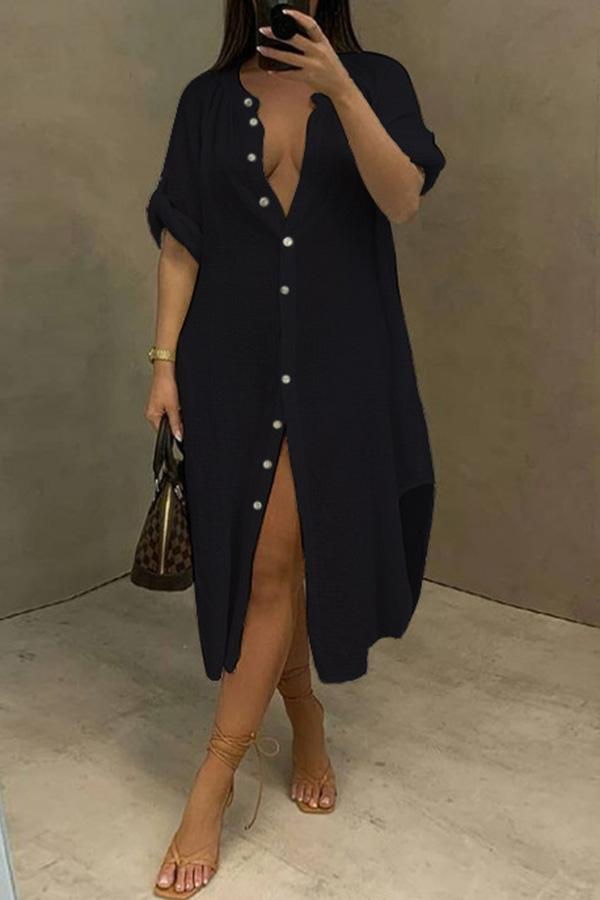 Fashion Casual Split Shirt Midi Dress  Fashionpara