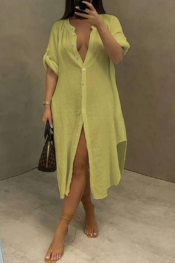 Fashion Casual Split Shirt Midi Dress  Fashionpara
