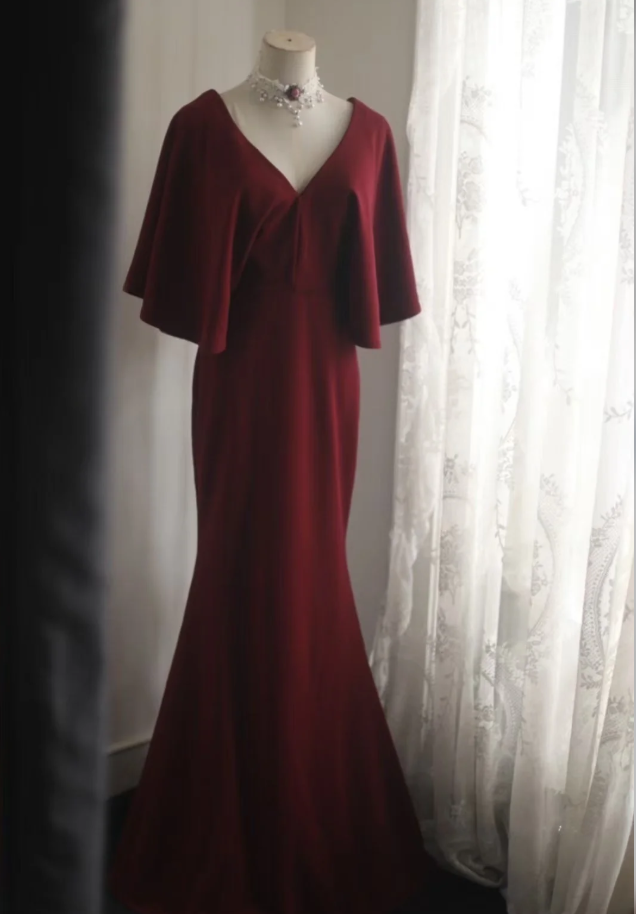 Vintage V Neck Burgundy Satin Mermaid Evening Dress Backless Long Birthday Party Dress D1272