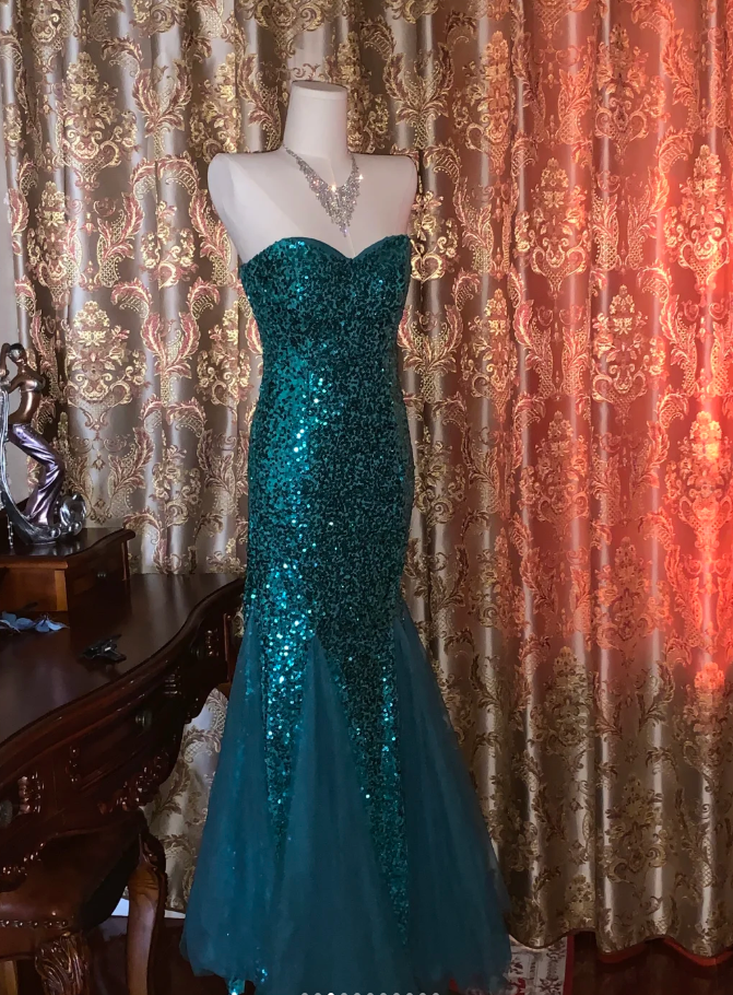 Vintage Strapless Green Tulle Sequin Mermaid Evening Dress Long Wedding Guest Dress Party Gown D1753
