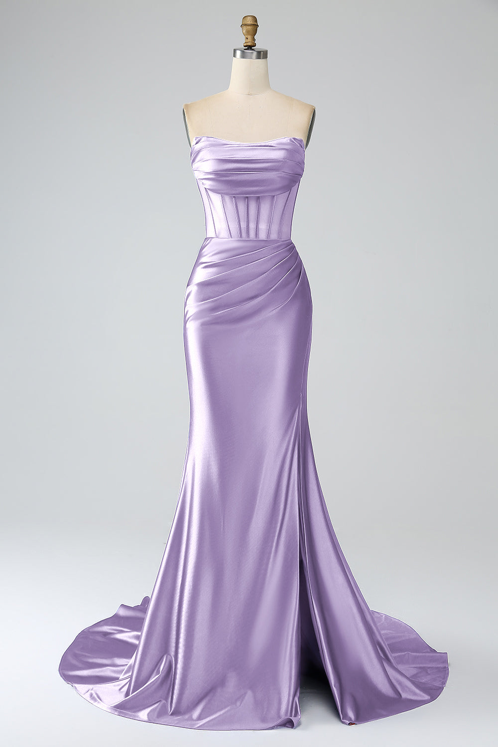 Red Mermaid Strapless Pleated Corset Long Prom Dress with Slit