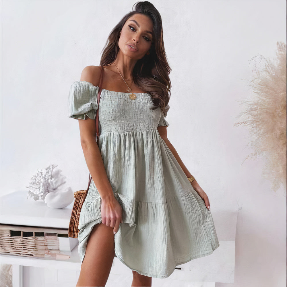 Off Shoulder Smocked Puff Sleeve Tiered Babydoll Mini Dress - View 3