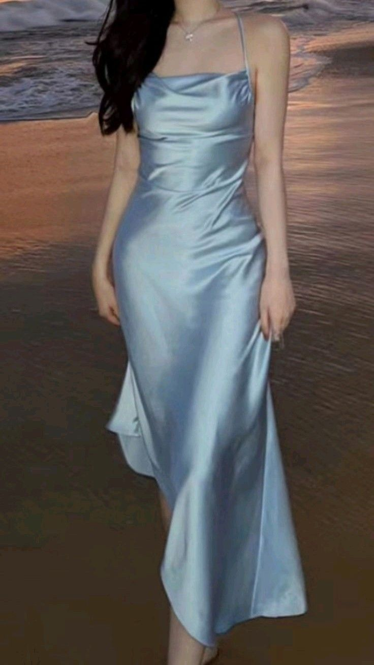 Classy Spaghetti Straps Blue Satin Long Wedding Guest Dress Formal Birthday Party Dress Evening Gown D1807