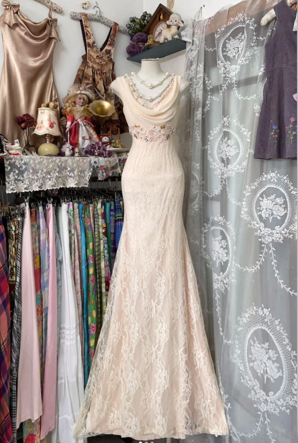 Pretty Light Pink Chiffon Lace Mermaid Evening Dress Backless Long Party Gown D1293
