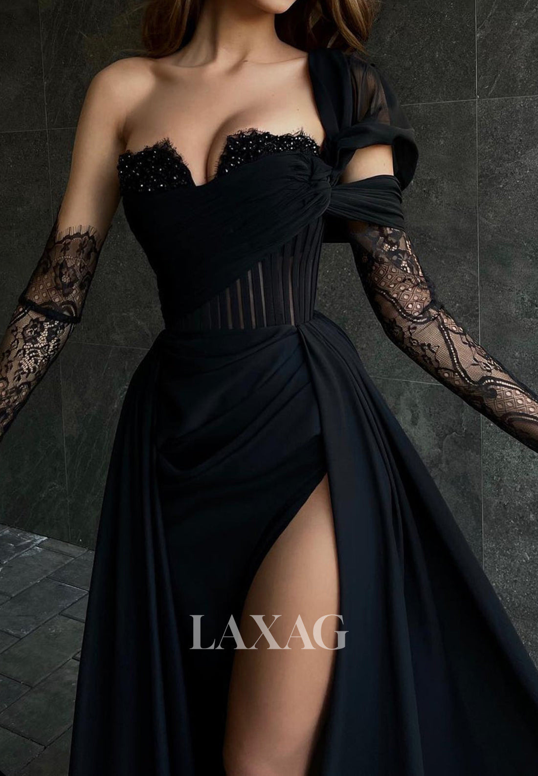 One-Strap Off-Shoulder Sleeveless Party Gowns Beaded Sweetheart Pleated A-Line Prom Dress with Slit
