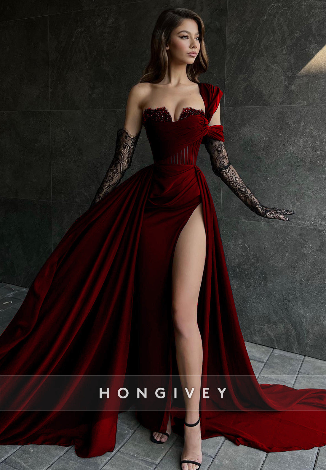 Sexy Illusion Asymmetrical Lace Sleeves With Train and High Slit Party Prom Formal Evening Dress