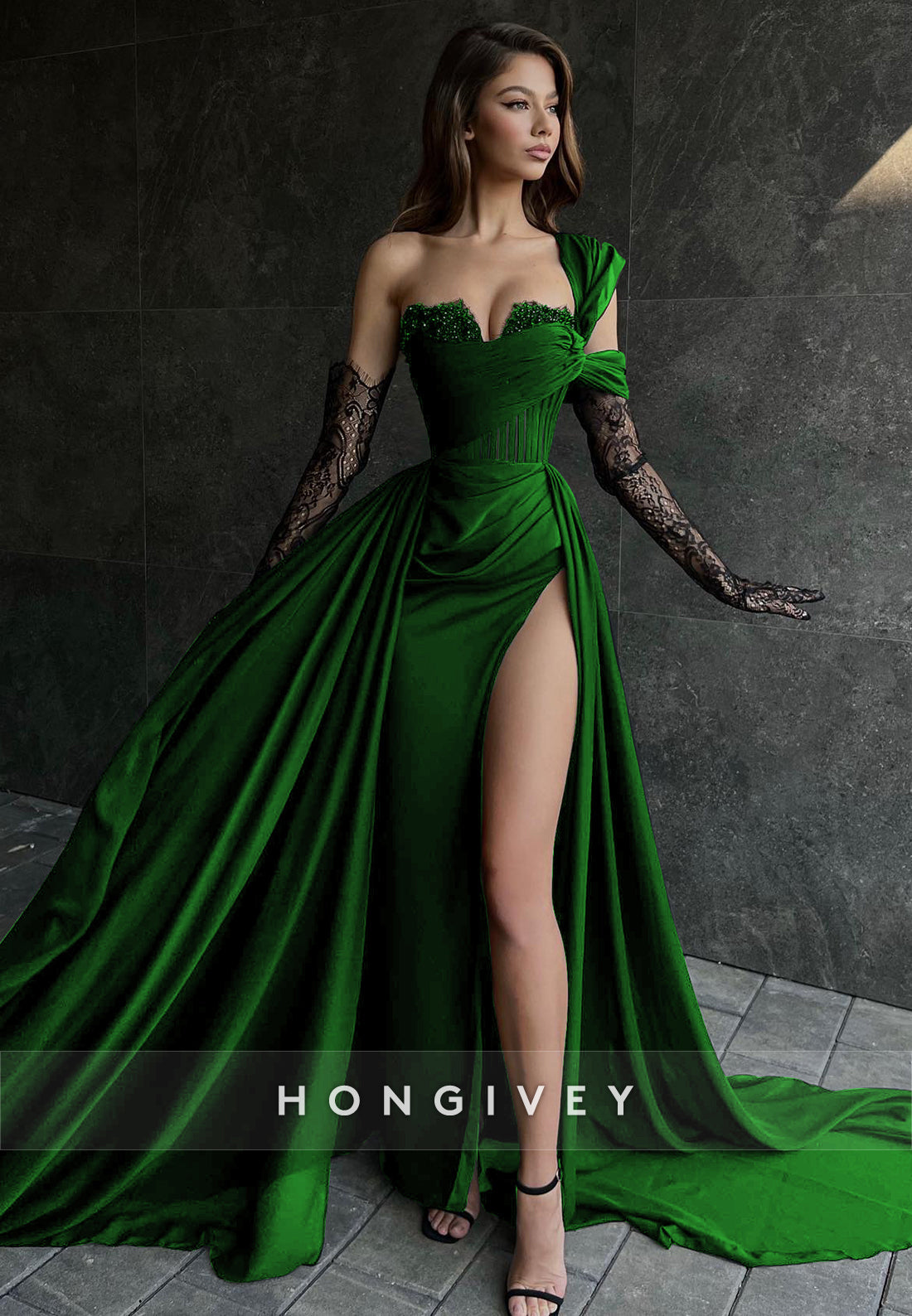 Sexy Illusion Asymmetrical Lace Sleeves With Train and High Slit Party Prom Formal Evening Dress